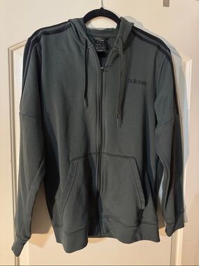 adidas Men's Zip-Up Hoodie in Olive Green with Black Stripes M